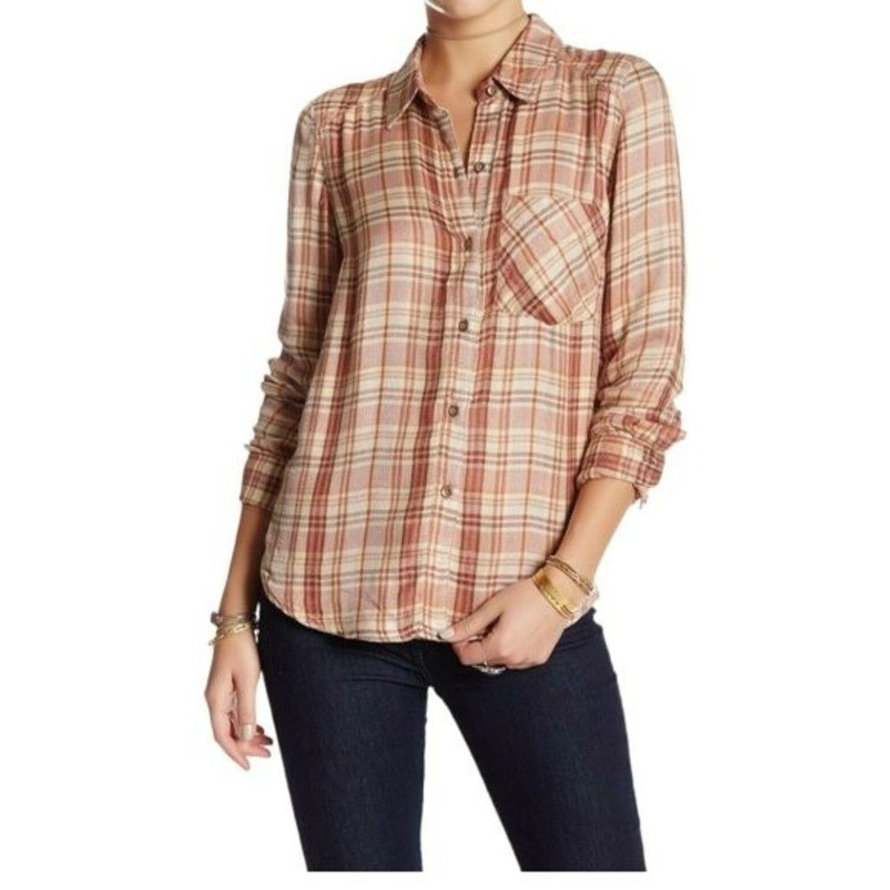 Free People Joplin Plaid Dusty Rose Button Down Women's Shirt Long Sleeves Sz XS
